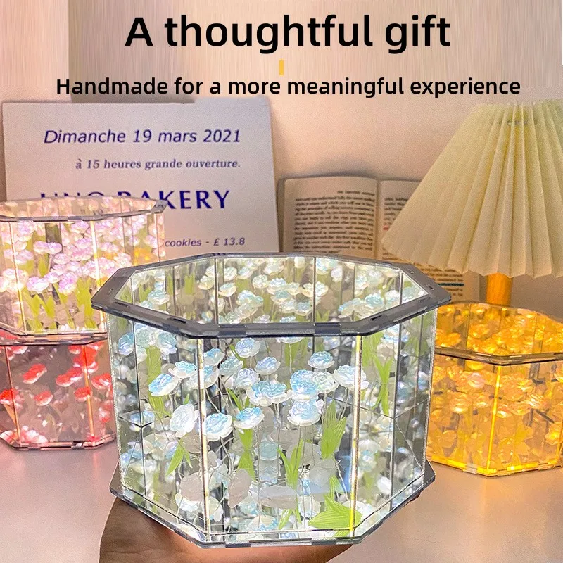 New DIY Tulip Mirror Cube Lamp Three-Dimensional Nightlight Material Package Handmade Craft Birthday Gifts Led Tulip Night Light