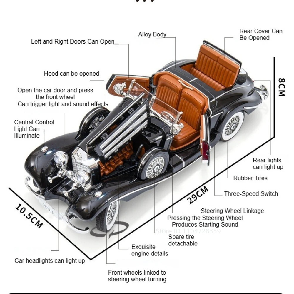 Modèle de jouet de grande taille 1:18 300SL 500K, voiture Vintage en alliage moulé sous pression, son et lumière, porte ouverte, modèles d'ornement pour enfants et adultes