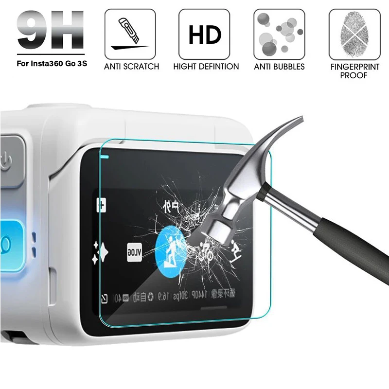 واقي شاشة عرض LCD من الزجاج المقسى الصلب + غطاء فيلم عدسة ناعمة من البولي يوريثان لملحقات حافظة كاميرا الحركة Insta360 GO 3S