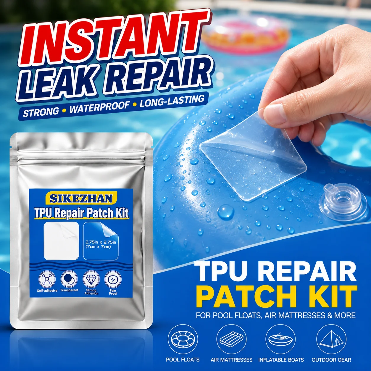 Kit de réparation en TPU de qualité supérieure, patchs transparents autocollants imperméables et résistants aux déchirures pour bouées de natation et matelas pneumatiques