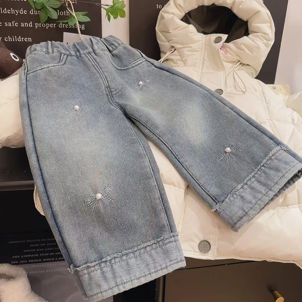 Girls Pearl Bow Denim Pants 2025 Spring Autumn Elastic Waist Straight Wide Leg Pants Korean Style Kids Jeans Children Clothes