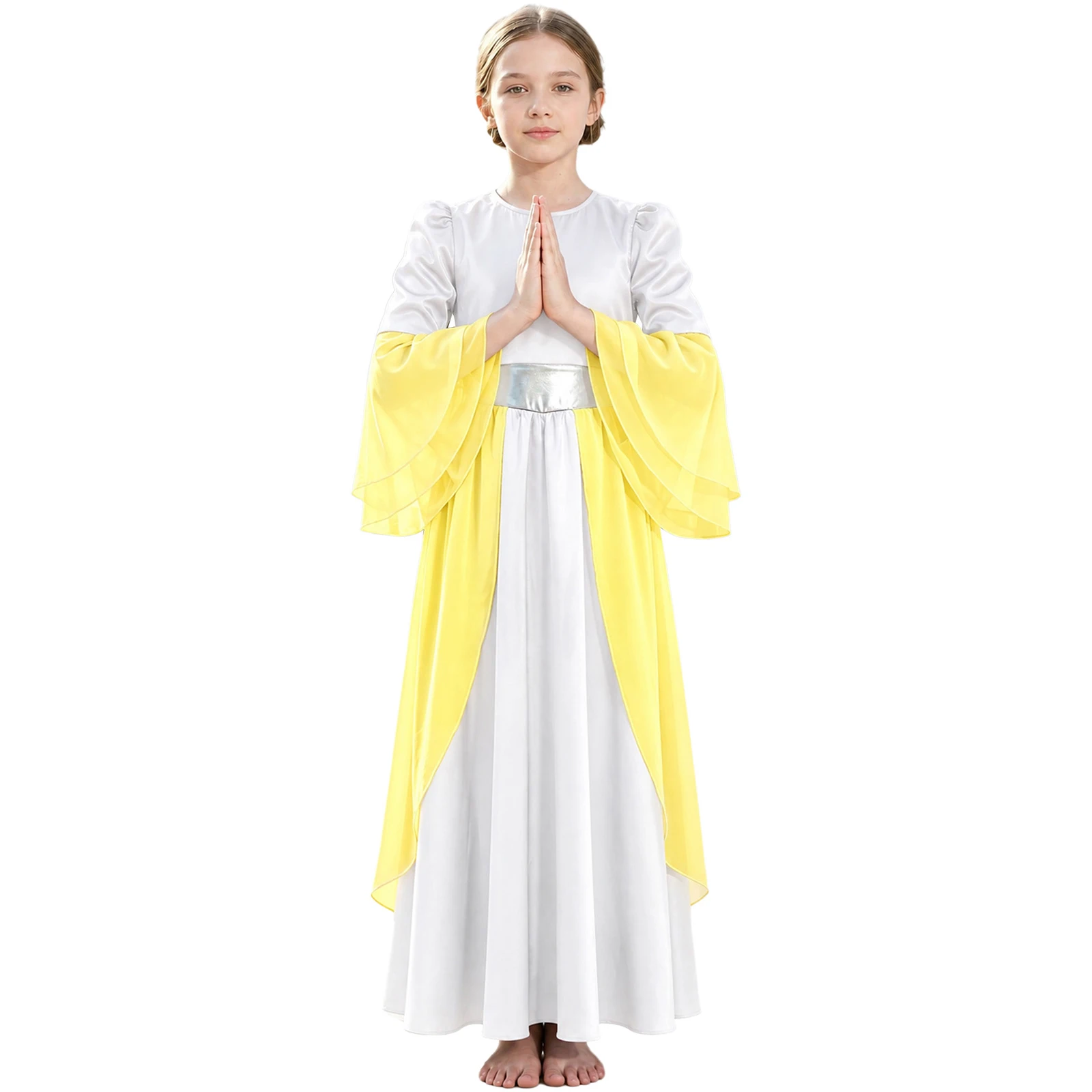 Girls Liturgical Worship Praise Dance Dress Lyrical Ballroom Dancewear Split Flared Sleeves Color Block Chiffon Layer Satin Gown