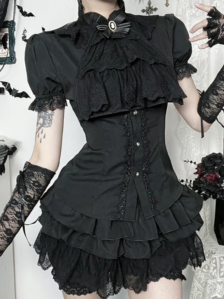 AltGoth قصر نمط خمر القوطي قميص المرأة الظلام مثير الحلو الجمالية الدانتيل المرقعة نفخة الأكمام بلوزة تنوعا الهذيان وتتسابق