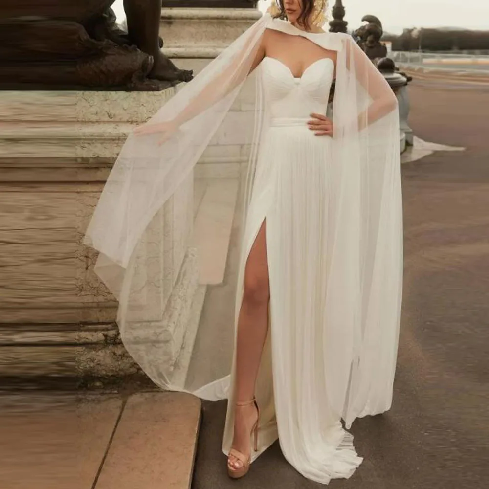 맞춤형 Pleated Chiffon Dresses Shawl Sweetheart A 라인 정장 이브닝 드레스 사이드 스플릿 Boho 여름 웨딩 게스트 가운