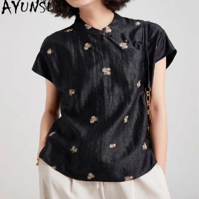 

Шелковые женские футболки и майки AYUNSUE Xiangyunsha в китайском стиле, черные топы для женщин, летняя одежда для женщин, Ropa Mujer