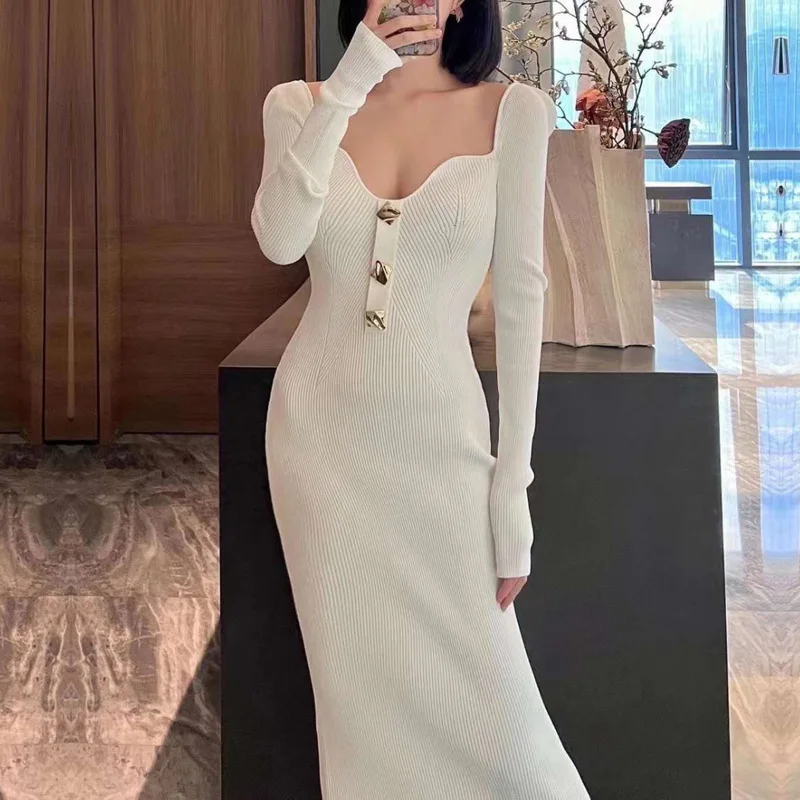 Sexy Square Collar Knit Dress Women 2024 Autumn and Winter New Slim Waist Long Sweater Bodycon Long Sleeve Female Vestidos