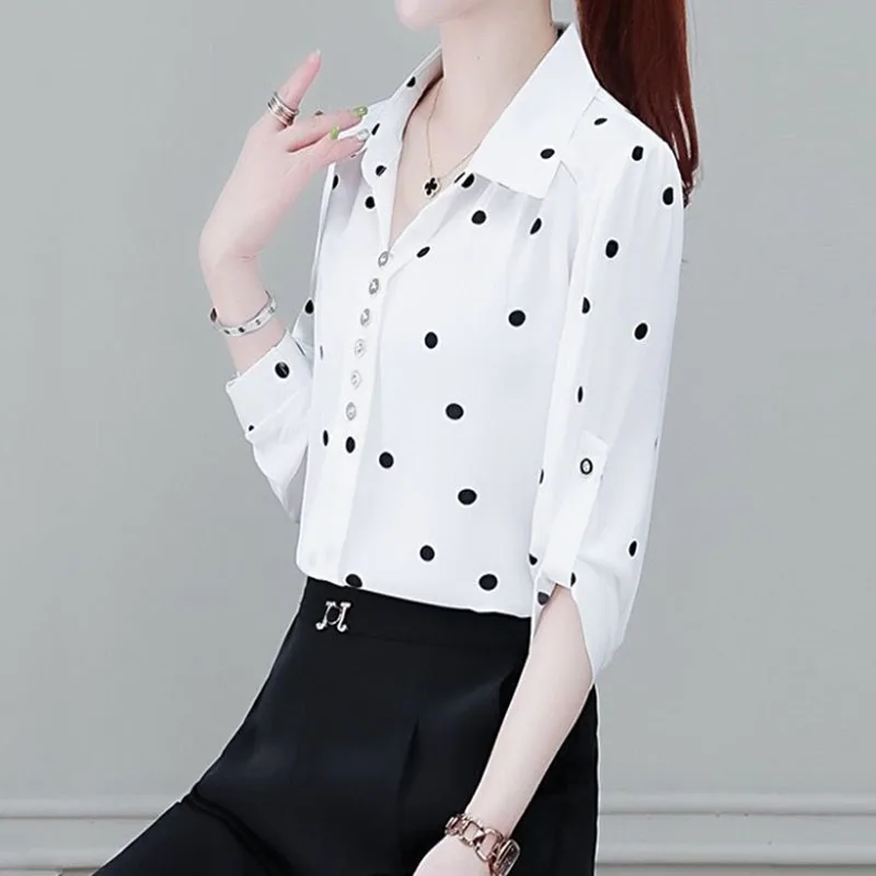 Office Lady Commuter Turn-down Collar Polka Dot Print Blouses Summer New Women\'s Clothing Fashion Button Pullovers Elegant Shirt