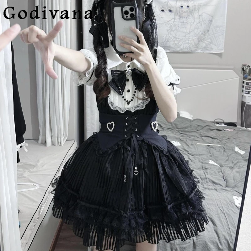 

Lolita Style Outfit with Polo Collar Shirt and Lace Strap Dress Women Japanese A Complete Set Female Black White Dress Suits