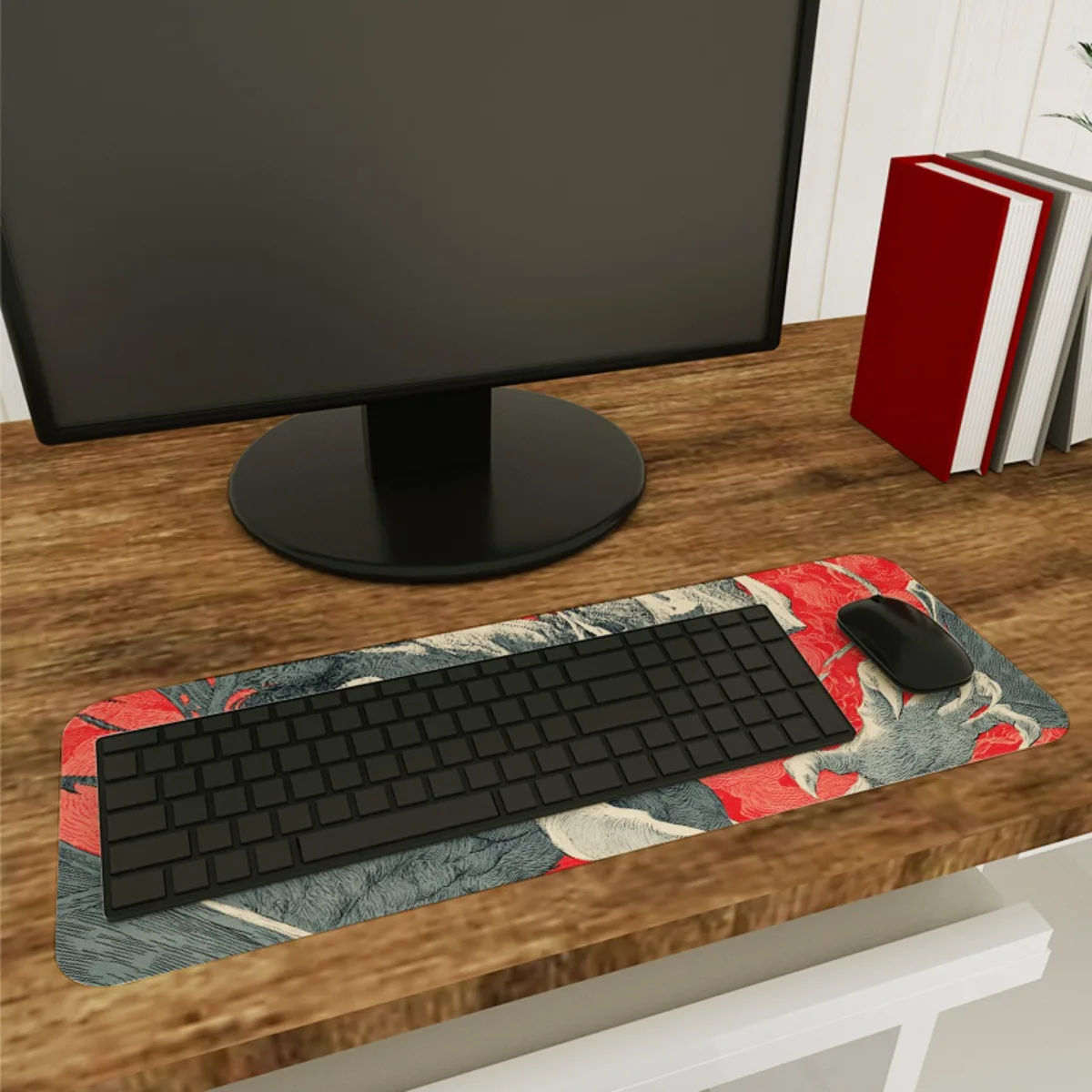 Tapete de mesa para jogos Red Demon Art: base de borracha antiderrapante e superfície de poliéster premium, estética gótica moderna para PC/espaço de trabalho doméstico