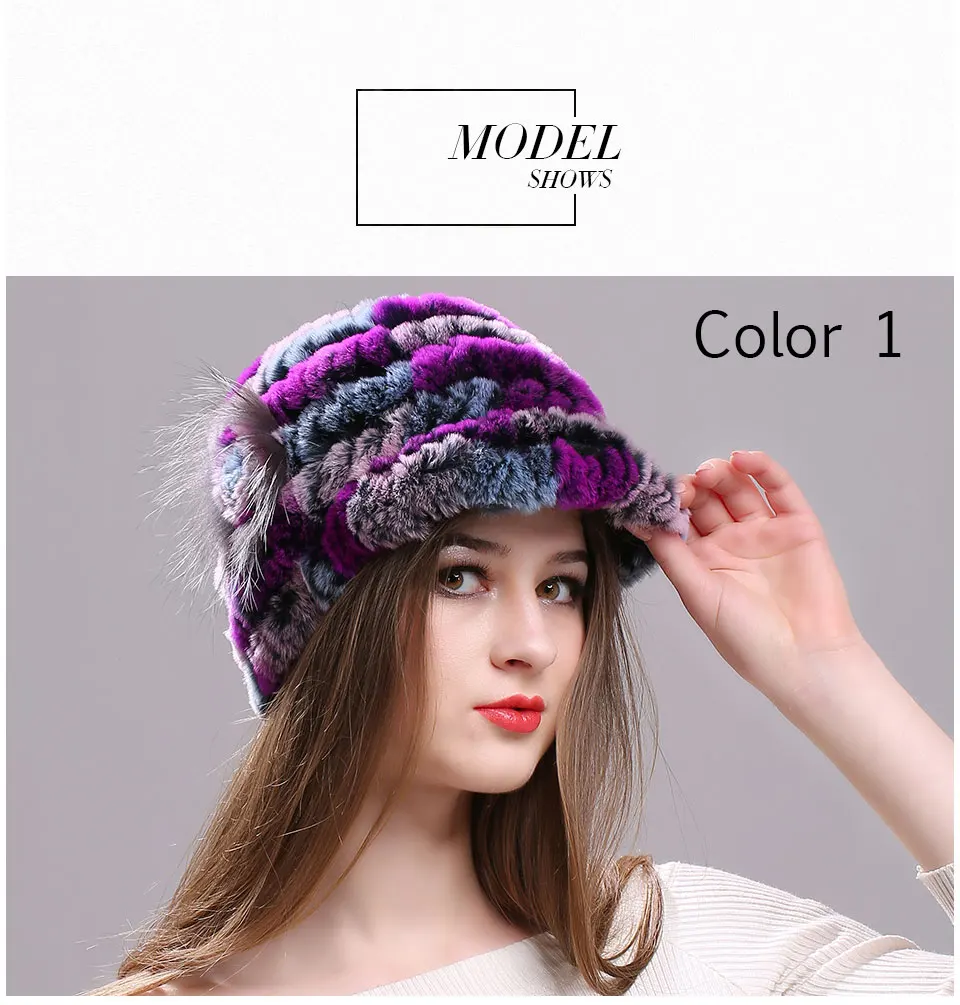 Winter Pelz Hüte für Frauen Rex Kaninchen Fell Elastische Gestrickte Hut mit Blume Pelz Hut Großhandel Baseball Kappe Weibliche Echtpelz Bonnets – Detail 5