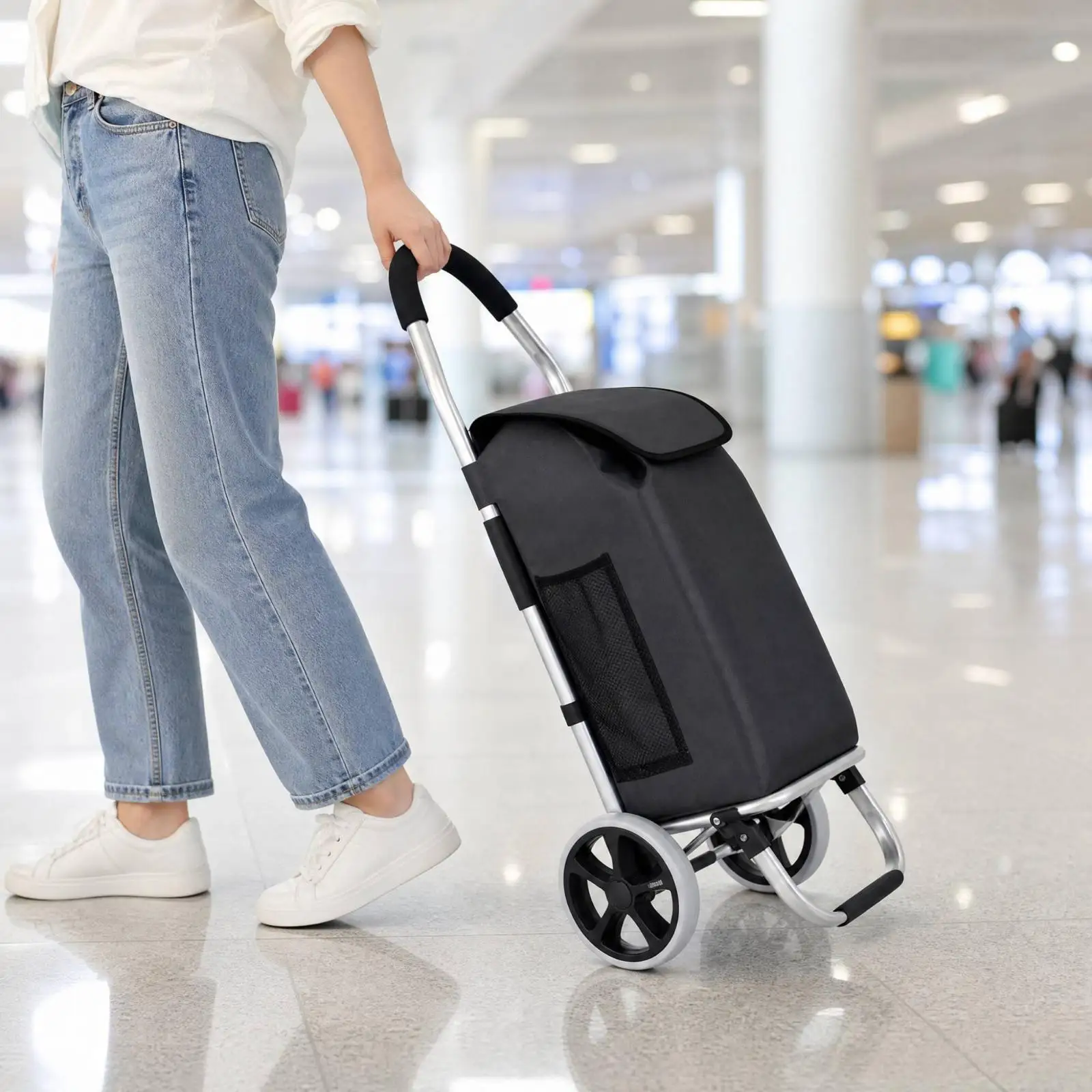 Portable Aluminum Alloy Shopping Trolley Foldable Grocery Cart with Padded Handle for Seniors