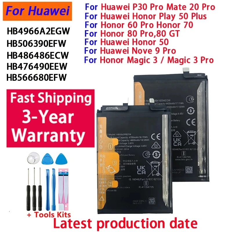 Fast Ship Battery For Huawei P30 Pro/ Mate 20 Pro 50 Pro/Magic 3 Pro/Play 50 Plus/50 60 70 80 Pro 80 GT Nova 9 Pro HB486486ECW