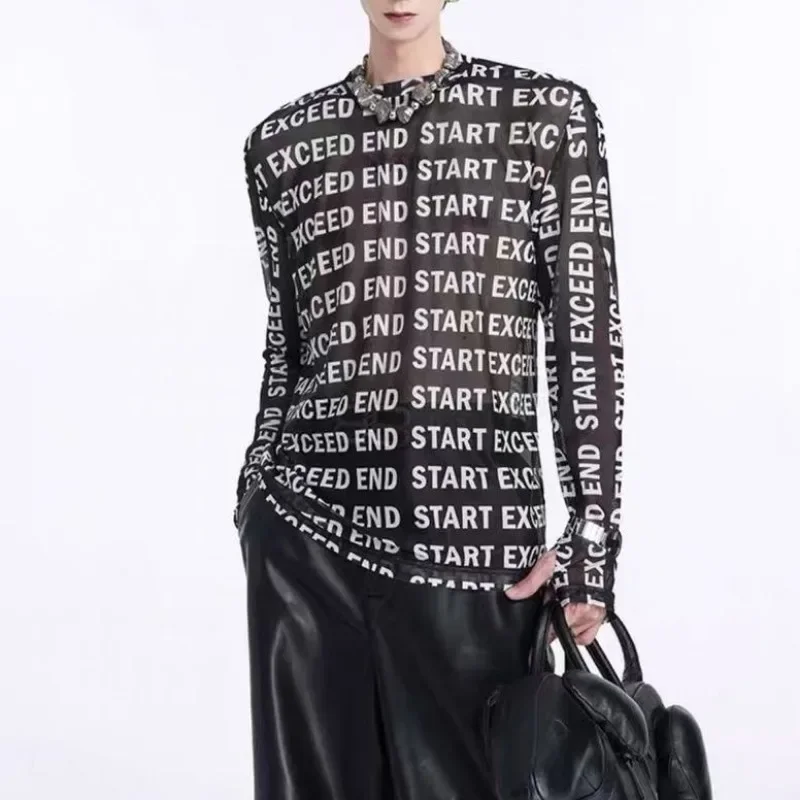 Fashion Letter Print Mesh T-shirt Mens Summer Tops Long Sleeve Sexy Bottom Shirt Sun Protection T-shirt Streetwear Harajuku Tees