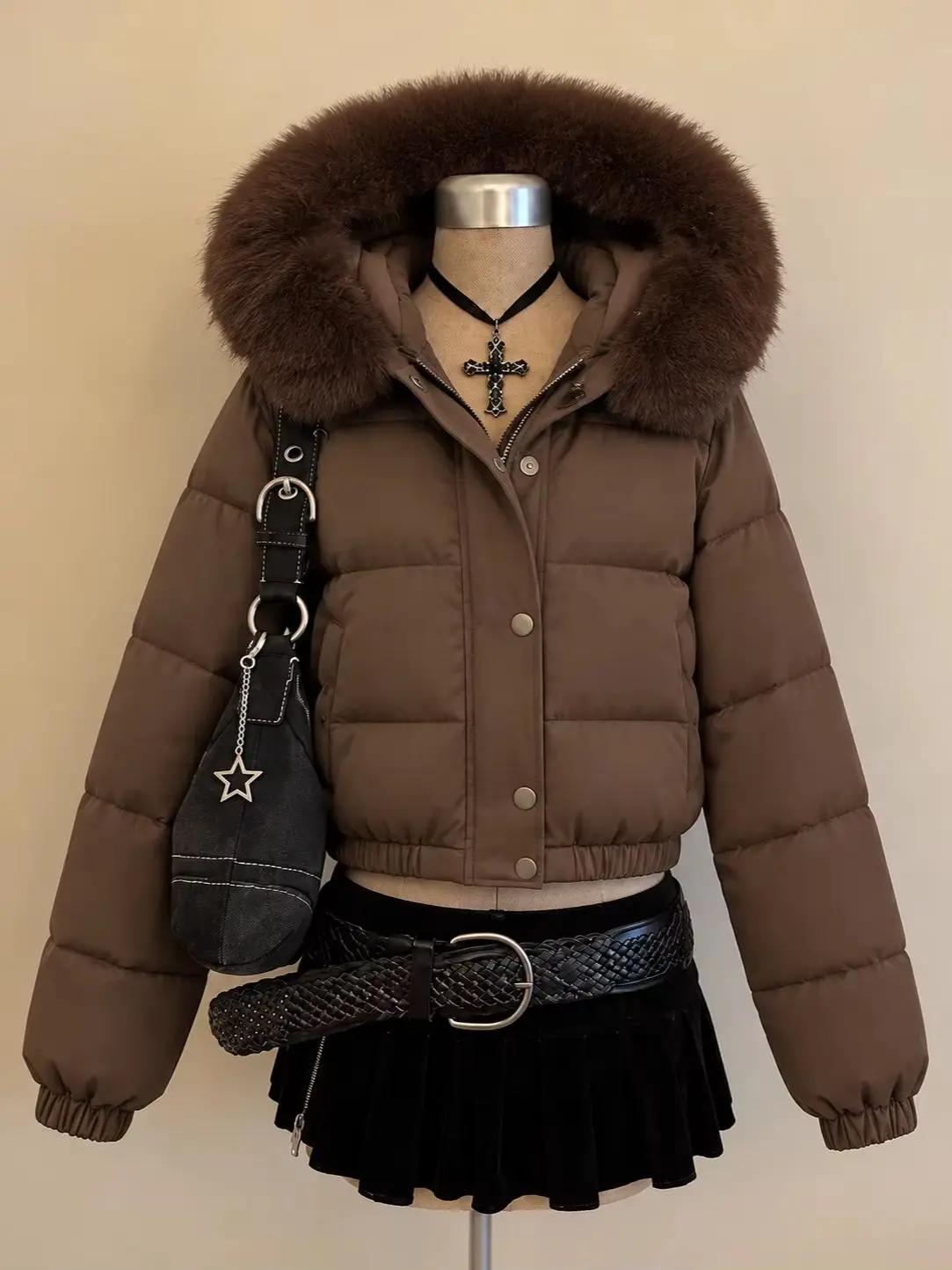 Y2k Short Parkas Women's Cotton-padded Clothes Add Velvet Thicken Outerwear Fur Collar Removable Hooded Coats Subculture Jackets