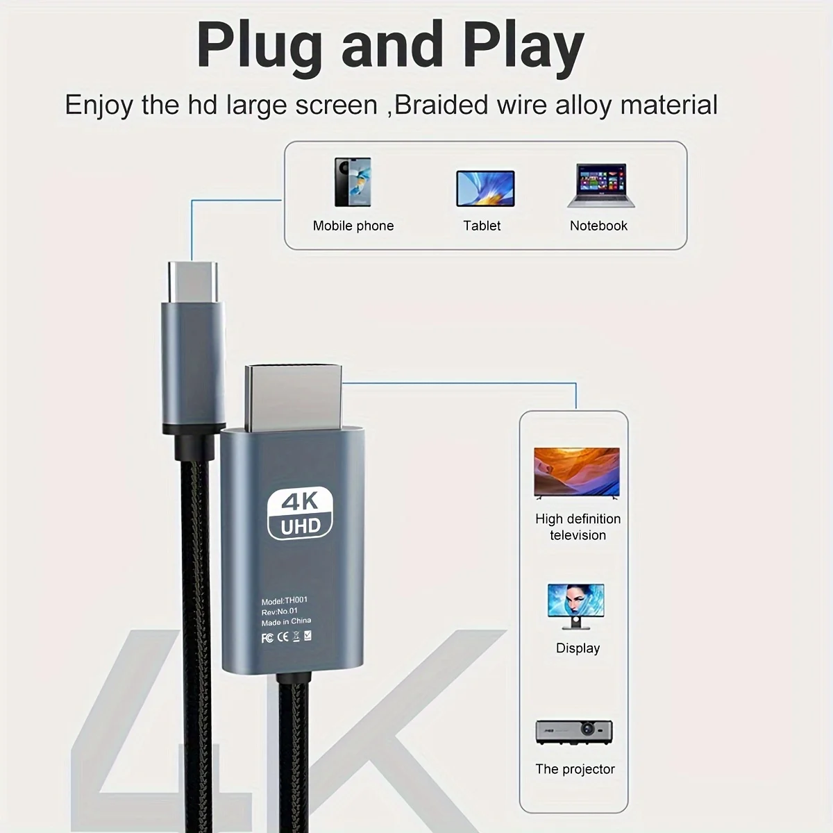 Cable de vídeo USB tipo C a 4K HDMI, 2m, 4K, 60Hz, USBC a HDTV, para IPhone 15 Pro Max, MacBook Pro Air, Dell, Lenovo, cable de proyección