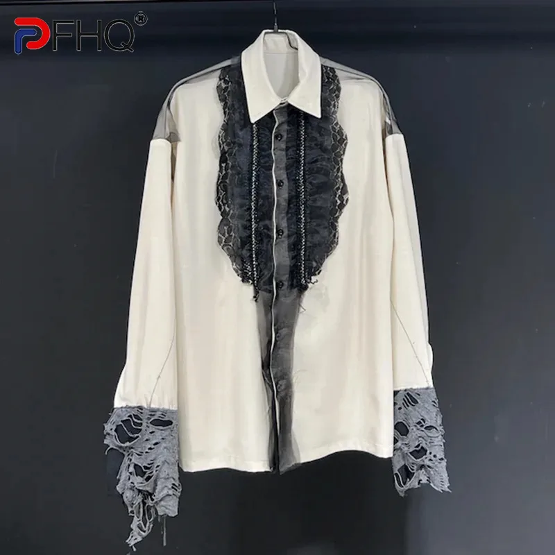 PFHQ Lace Patchwork Design Men's Shirts Lapel Single Breasted Worn-out Contrast Color Tops Loose Long Sleeve Male Shirt 21Z9084