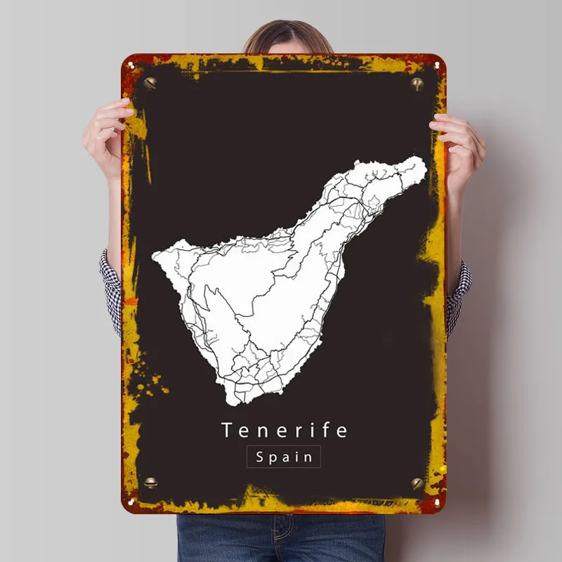 Tenerife Island Map Gold Map Metal Poster Living Room Decorations Custom Metal Tin Signs for Wall Art Decoration Retro Plates