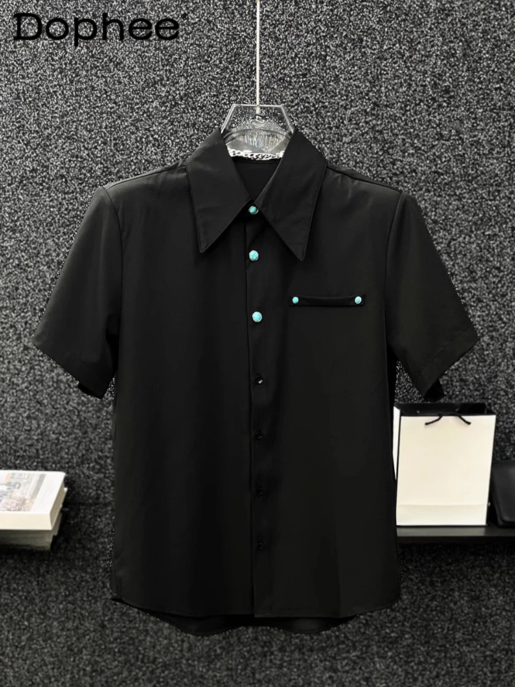 

High-end Turquoise Button Shirts Boys 2025 Summer New Shoulder Padded Loose Tops Male Handsome Short-sleeve Solid Color Shirt
