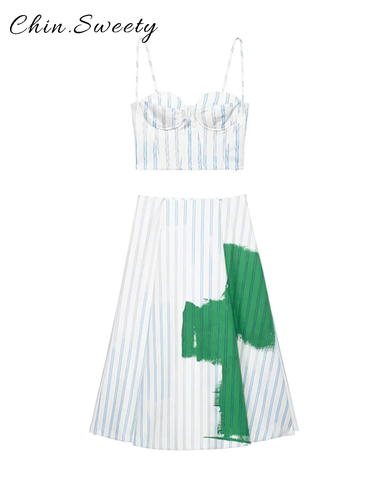 

Модные полосатые длинные юбки с принтом, комплекты женских тонких укороченных топов без рукавов, плиссированная юбка трапециевидной формы, коллекция 2024, летние каникулы, наряды