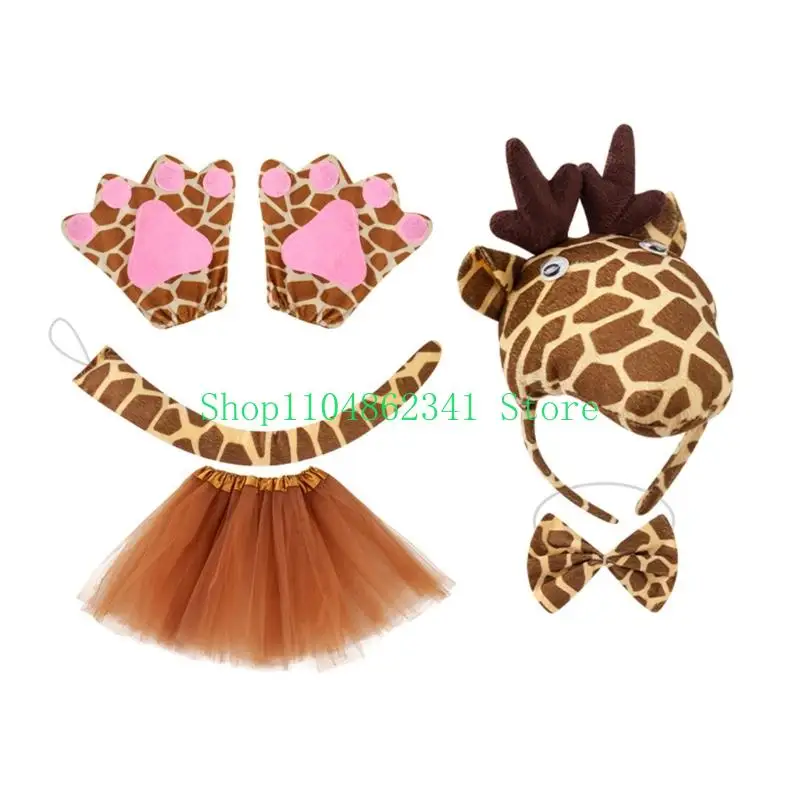 5asd Animal Giraffe Costume Set for Kids Giraffe Ears Headband Bowtie Tail Tutu Skirt
