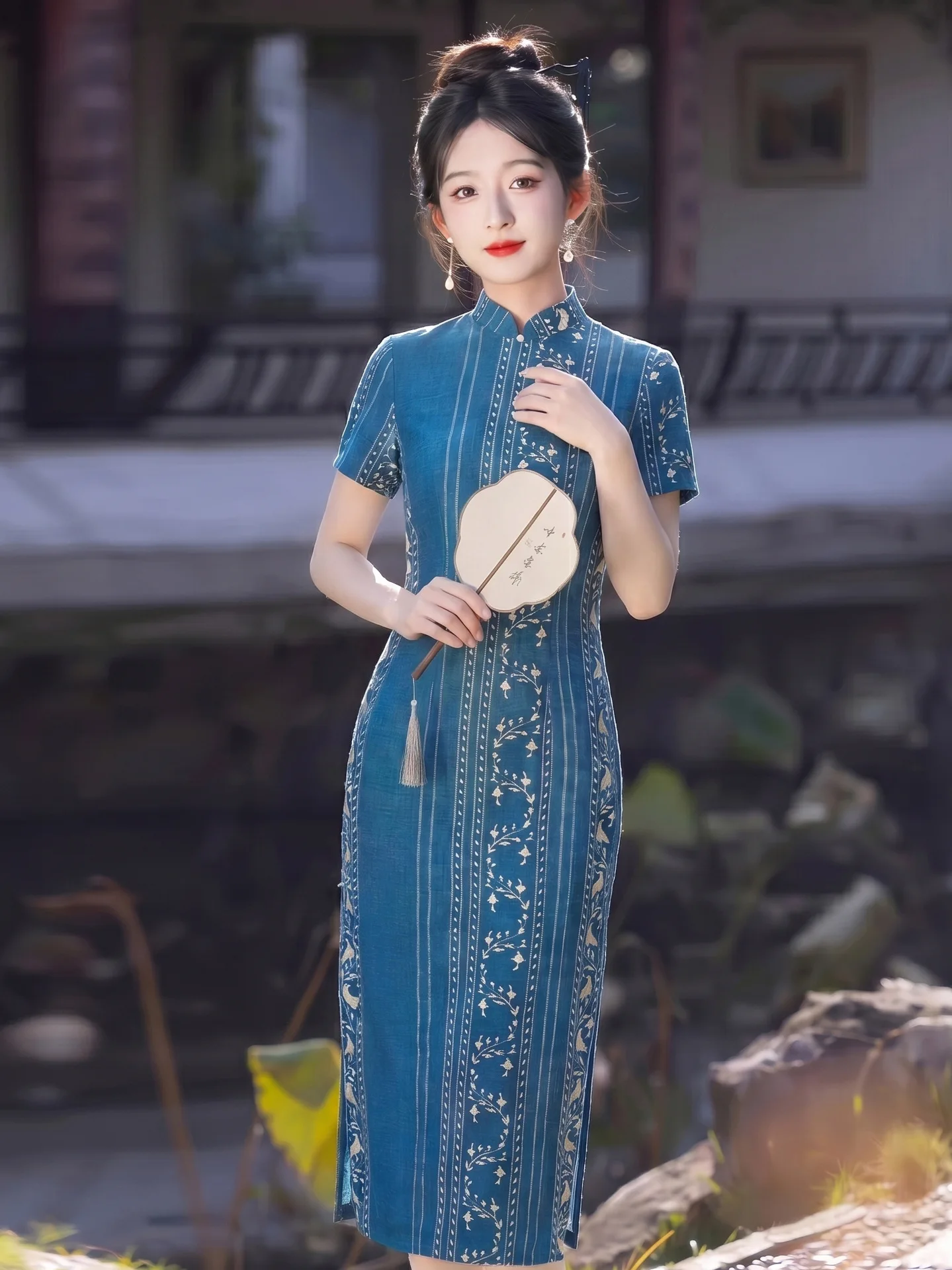 

Blue Floral Sleeveless Chinese Style Long Style Qipao Improved Young Women's Retro Slim Daily Summer Dress