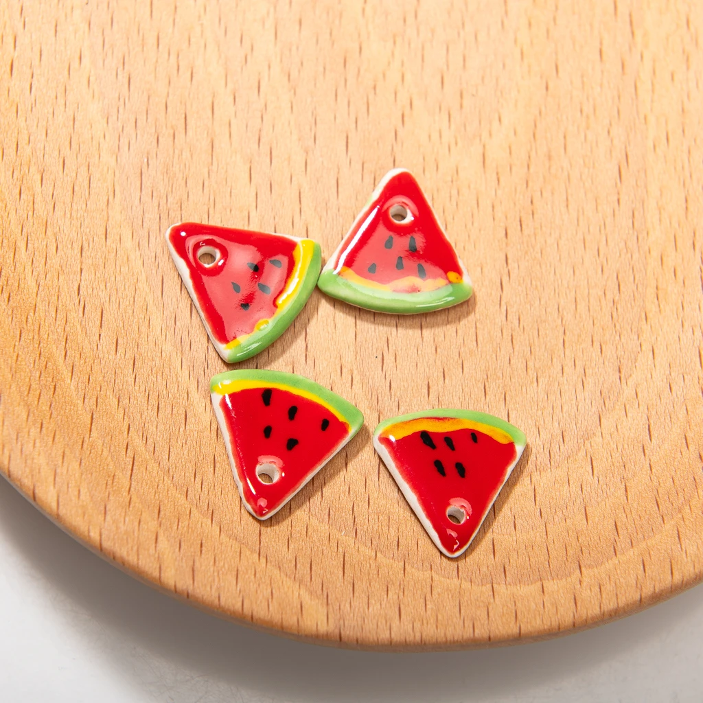 Handcrafted Ceramic Watermelon Slice Pendants Set 5 Pieces 19mm Colorful Porcelain Charms for DIY Jewelry