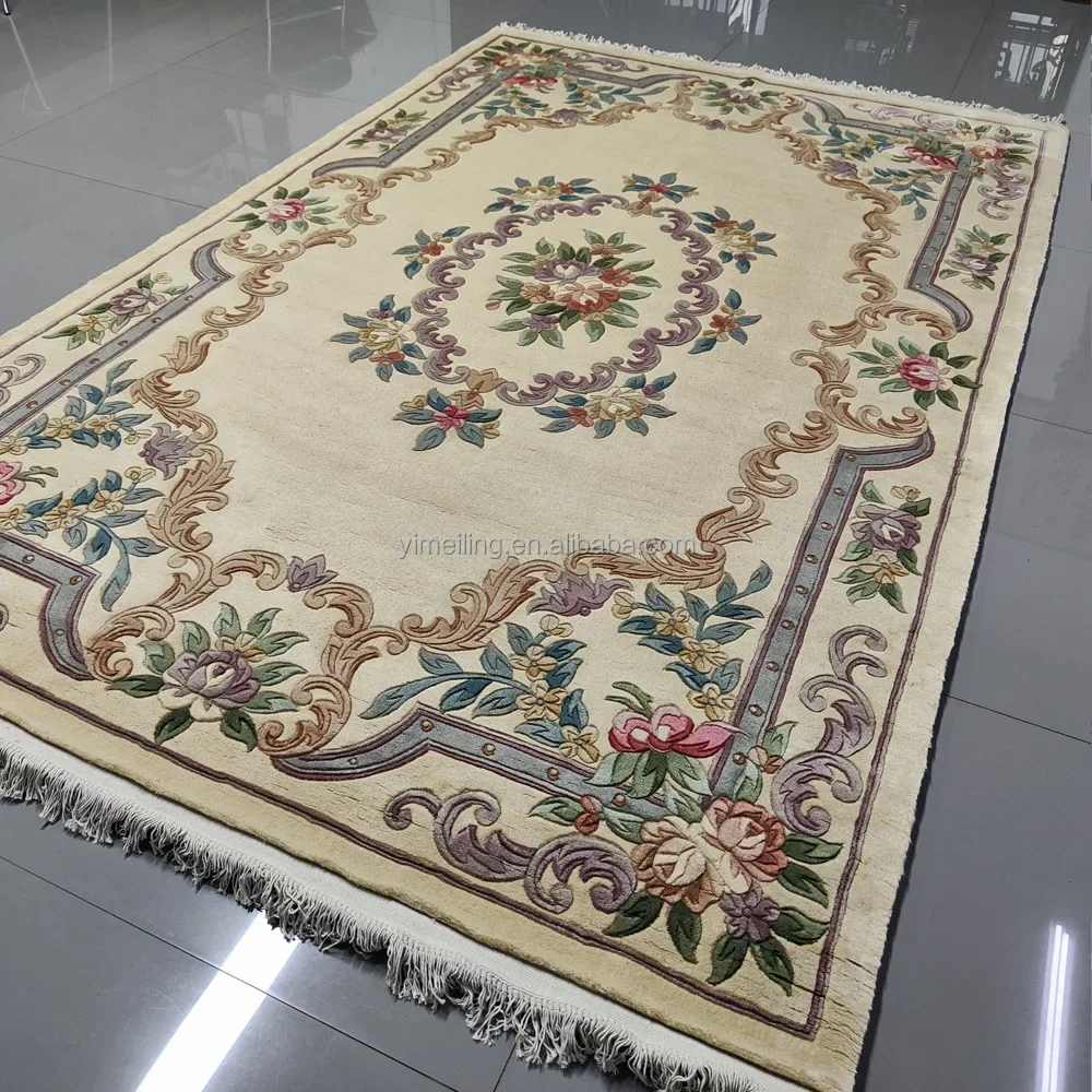 2m x 3m Chinese Traditional Floral Handmade Hand Knotted Carved Wool Rug 6x9 Beige Cream Thick Woolen Area Rugs Carpets 90Lines