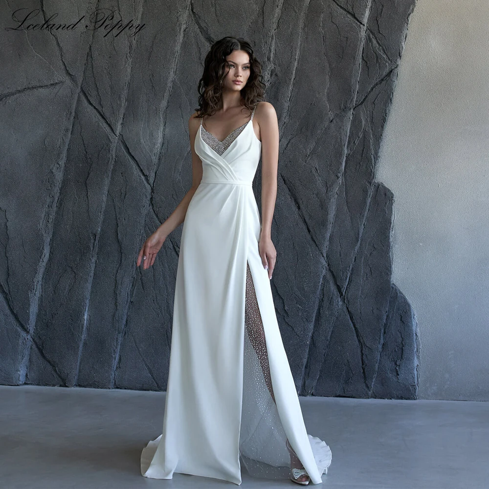 Lceland Poppy Customized A Line V Neck Satin Wedding Dresses Sleeveless Shiny Tulle Floor Length Bridal Gowns with High Slit