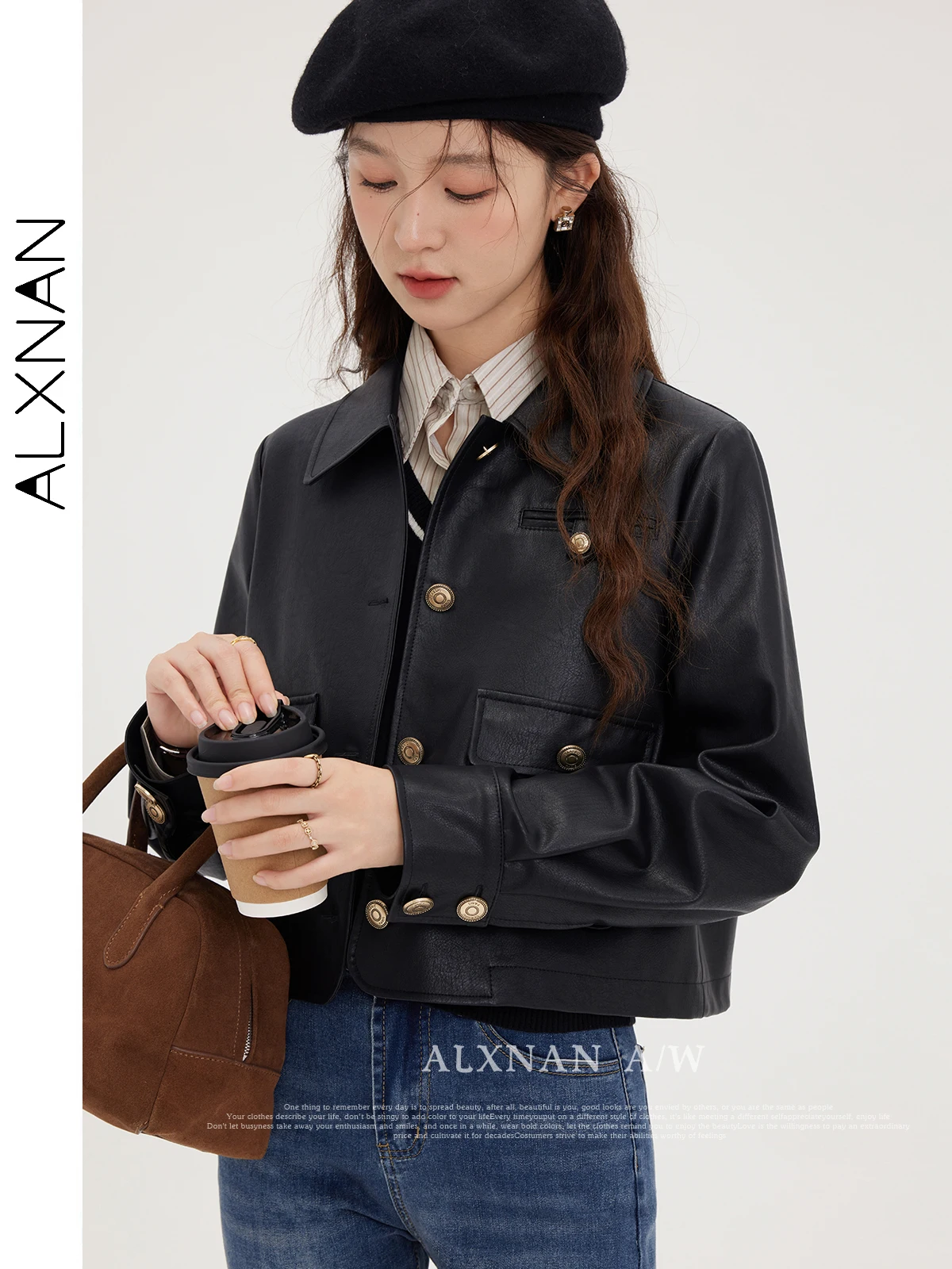 ALXNAN Black Leather Jacket Women Lapel Collar Long Sleeve Metal Button Sports Jacket 2025 Autumn Winter Leather Coats VLXN31635