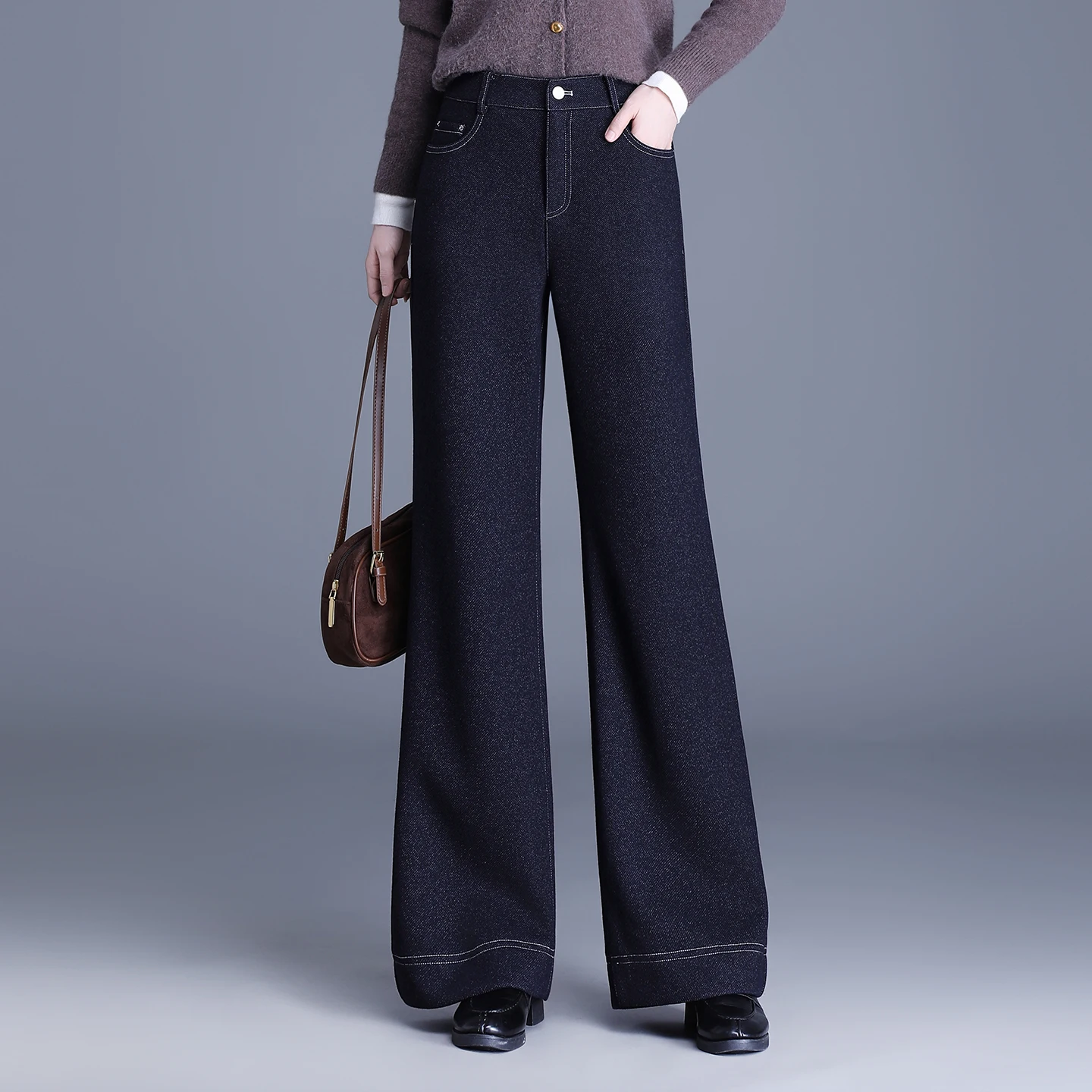 

Thiened шерстяные твидовые прямые джинсы женские с высокой талией утягивающие драпированные джинсовые брюки повседневные зимние модные