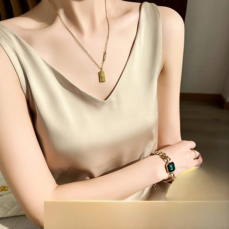 Silk V-Neck Women's Tank Top Summer Series Fashionable Versatile  Color Loose Fit Single Piece Wardrobe Essential
