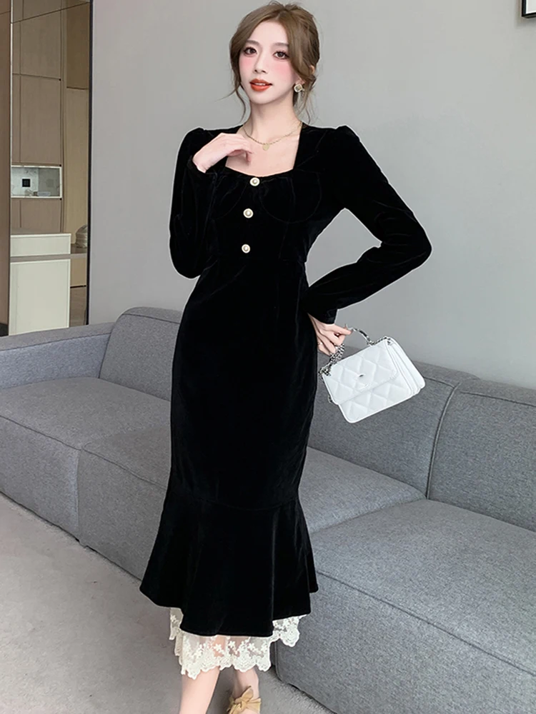 Korea Fashion Black Velvet Mermaid Party Dresses For Women Elegant Slim Bodycon Lace Hem Evening Dress Vestidos Female Autumn