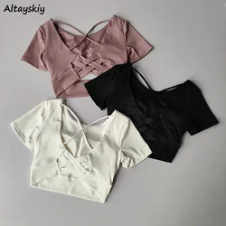 3 Colors Sporty T-shirts Women Summer Short Sleeve Crop Tops Tees Skinny Solid Tender for Ladies Casual Simple Ropa Mujer Chic