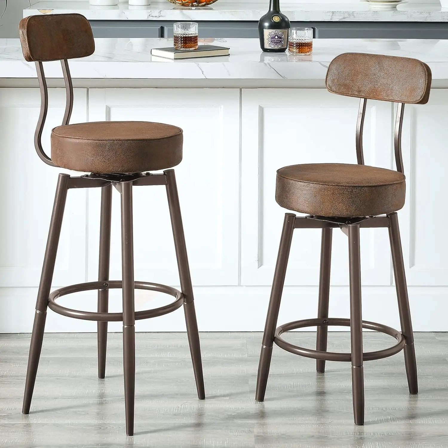 Industrial Bar Stool with Back for Counter Kitchen, Mid Century Swivel Barstool Brown Bar Chairs 24 or 29 Inch/1Piece