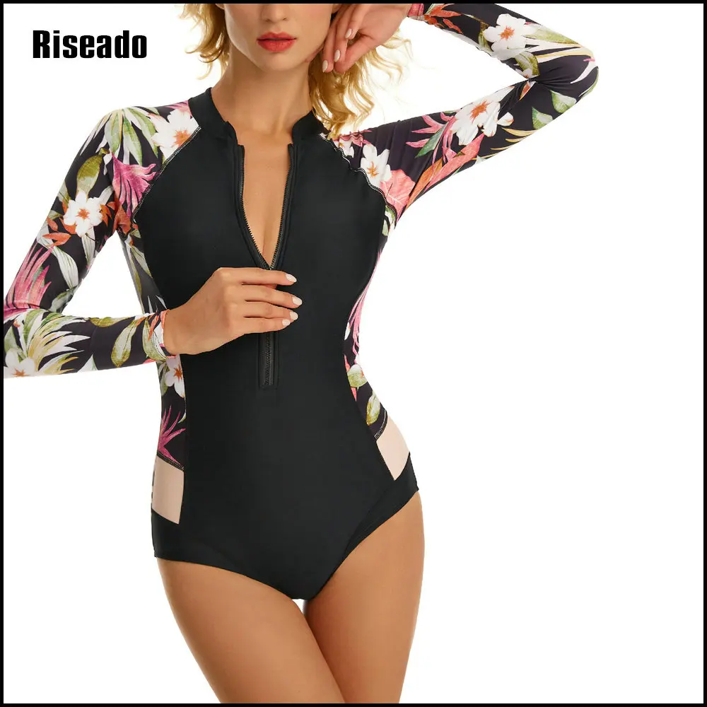 Women One Piece Swimsuit Ruffle Zip Front Tie Tummy Control Bathing Suits Long Sleeve Swimwear