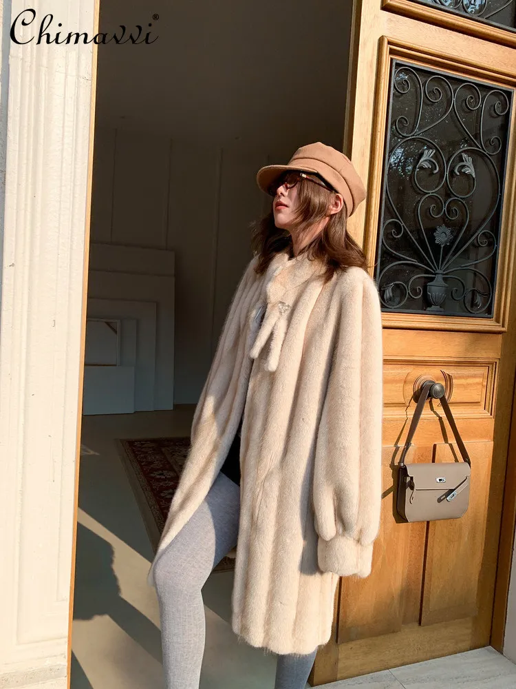 고급 패션 모조 밍크 퍼 코트 여성용 가을 겨울 신상 따뜻한 긴 소매 중간 길이 스탠드 칼라 우아한 퍼 재킷