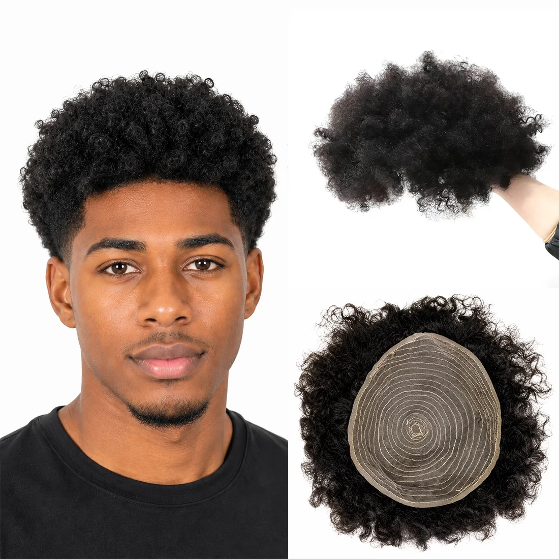 メンズアフロカーリーヘア交換システム-8x10インチ人毛ヘアピース-ナチュラルブラック-通気性のあるマシンメイドベース