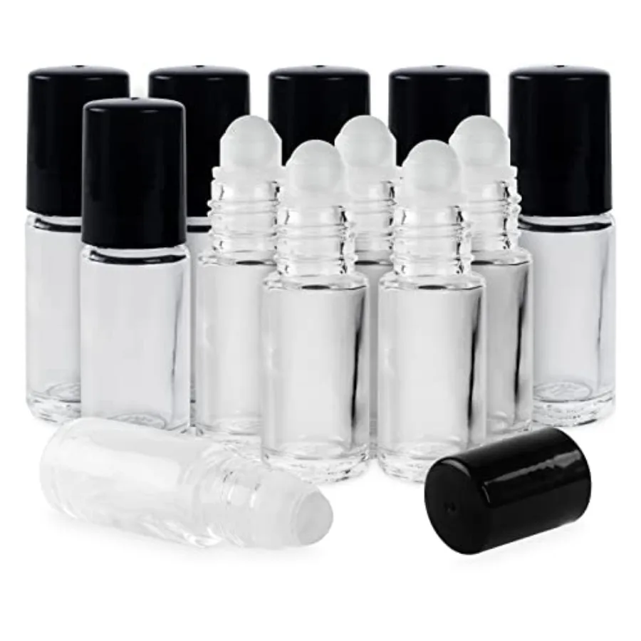 5 ml Clear Glass Roll On Bottles with Black Caps