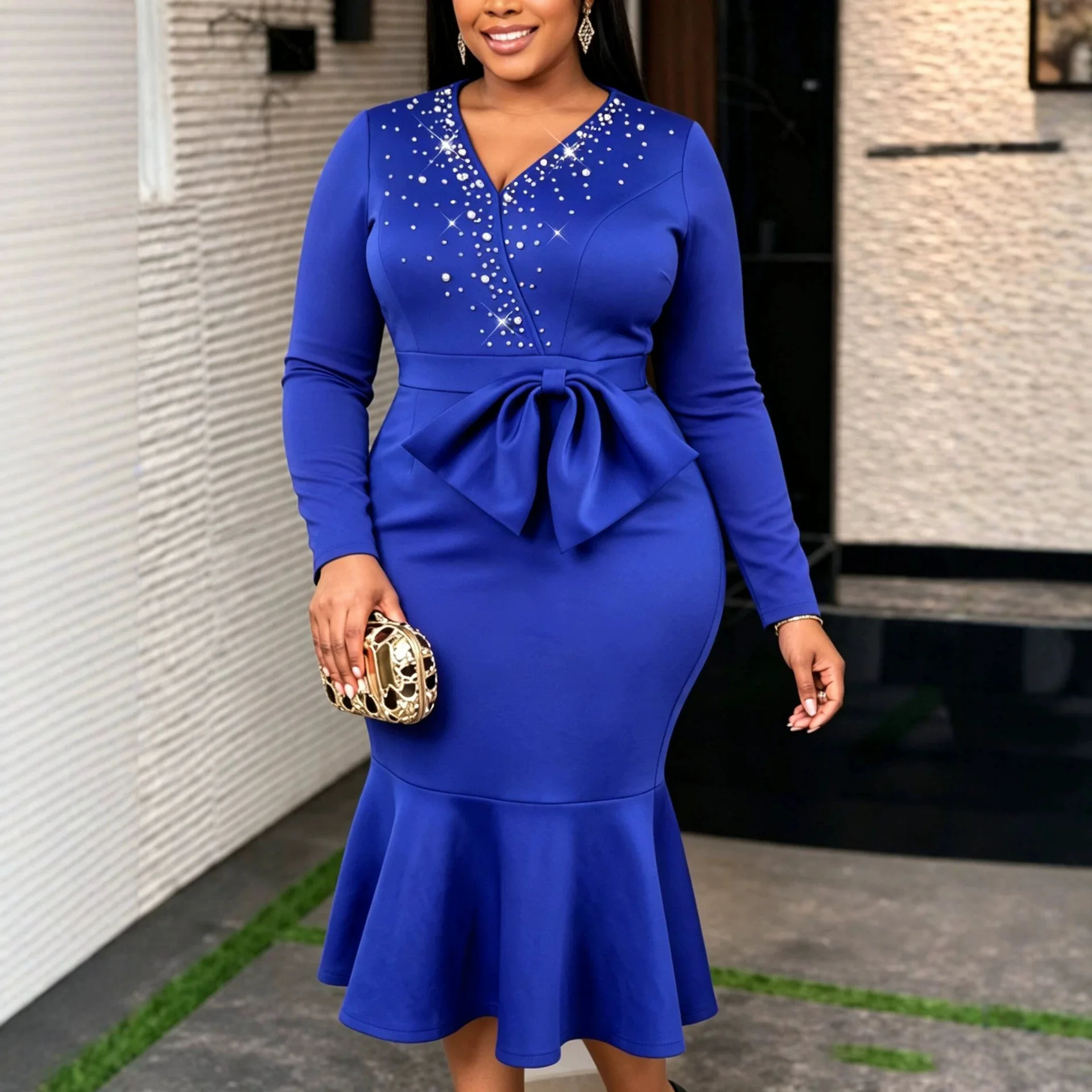 Blue Dashiki African Party Evening Dresses for Women Autumn African Long Sleeve V-neck Bodycon Midi Dress Ankara Dresses