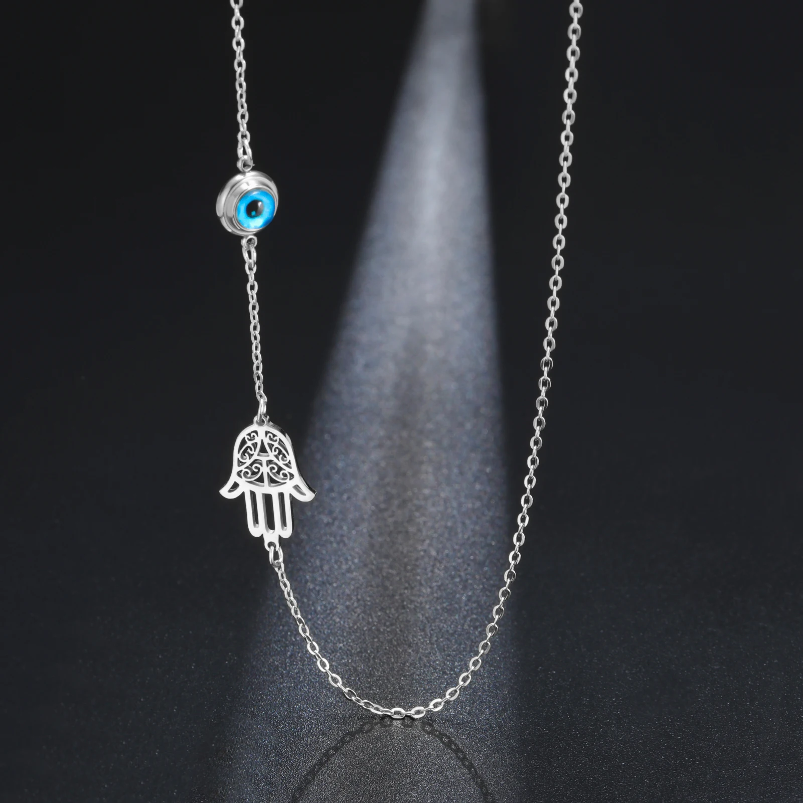 My Shape Turkish Hamsa Evil Eye Necklaces Stainless Steel Hollow Fatima Hand Chain Choker Fashion Lucky Jewelry Accessories Gift