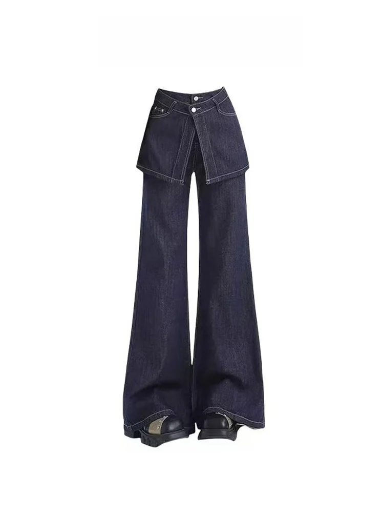 

Retro High Street k Blue Denim Pants Women's Spring Autumn High Waist Wide Leg Bell Bot Casual Straight Cut Jeans
