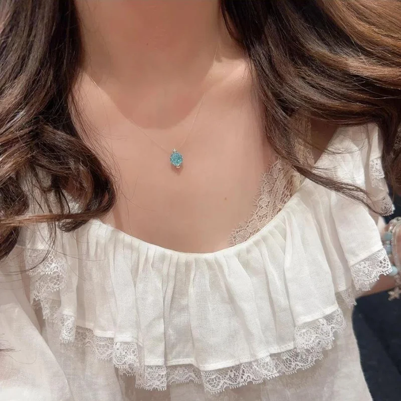 Imported Invisible Fishing Line Mermaid Tears Necklace Luxury Versatile Octagonal Rose Cut Sea Blue Zircon Collarbone Chain