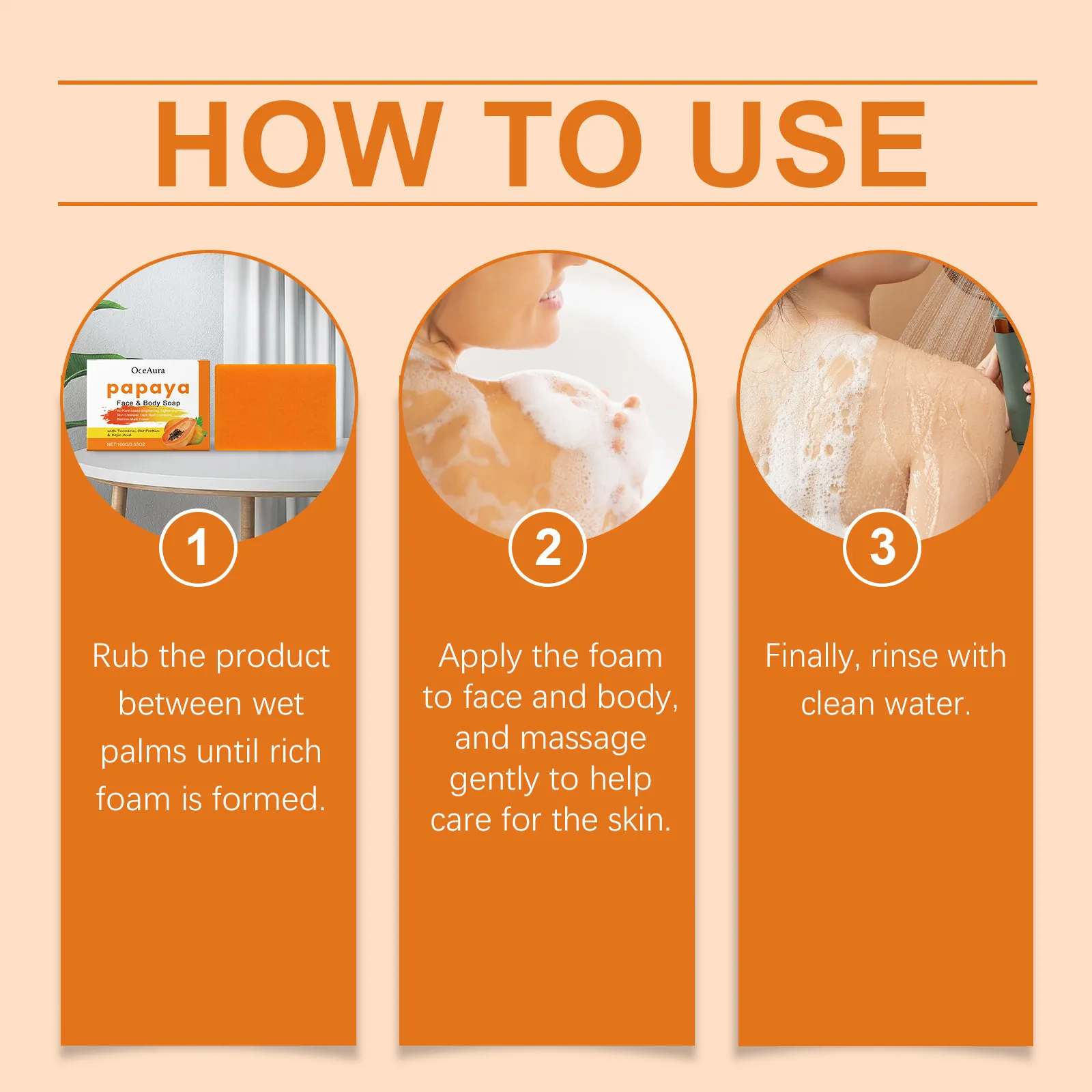 Oceaura papaya cúrcuma sabonete de banho nutritivo limpeza profunda melhorar a pele maçante remover sujeira suave epidermis corpo hidratar sabonete de banho