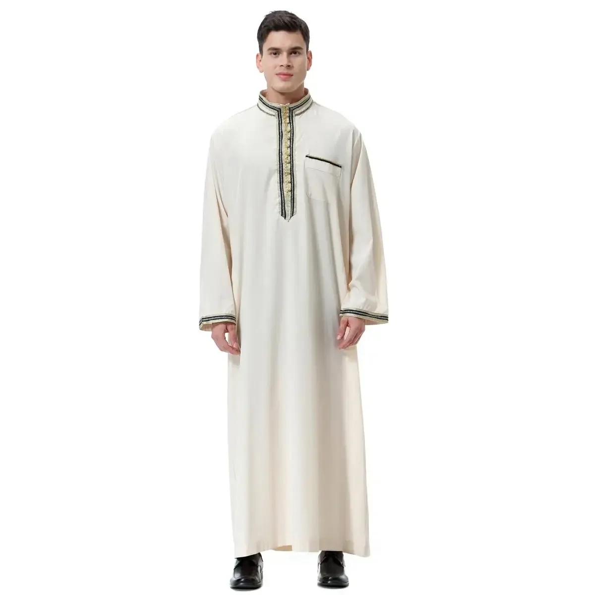 Men Dubai Saudi Arabic Thobe Kaftan Abaya Long Sleeve Robe Thoub Daffah Dishdasha Muslim Dress Eid Jubba Ramadan Islamic Clothes