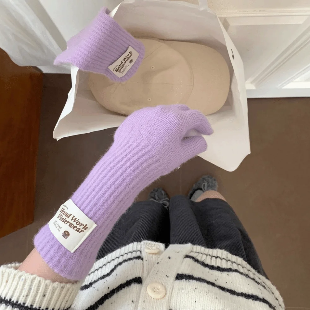 Long Solid Color Open Tip Touch Screen Gloves One Size Acrylic Material Winter Knitted Gloves Warm Five Finger Gloves For Women