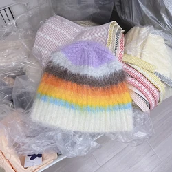 Women Striped Fisherman Hat Casual Mix Colore Hat Colorful Knitted Hat Winter Ear Protection Warm Caps Brimless Hats For Girls