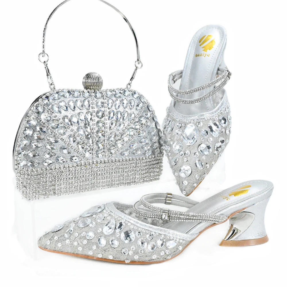 

Doershow new come Matching Women Shoe and Bag Set Decorated silver Nigerian Shoes and Bag Set Italy Shoes and Bag set HJK1-9