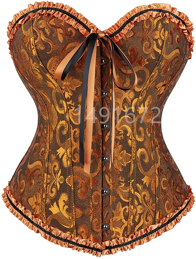 Corset Bustier Top Yellow Sexy Women\'s Plus Size Overbust Corselet Lace up Floral Gothic Brocade Vintage Fashion Medieval