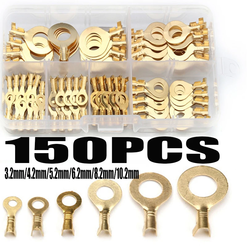 

150PCS 3.2mm-10.2mm Brass Ring Cable Lugs Ring Eyes Gold Golden Non-insulated Wire Cable Connectors Terminals Assortment Kit