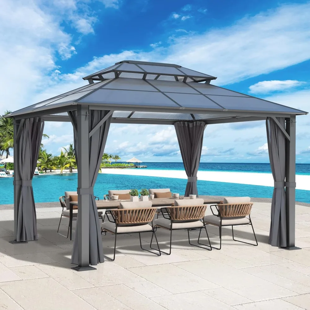 10x12FT Polycarbonate Hardtop Gazebo with Double Roof - Heavy-Duty Steel Frame Gazebo with Breathable Netting & Privacy Curtain